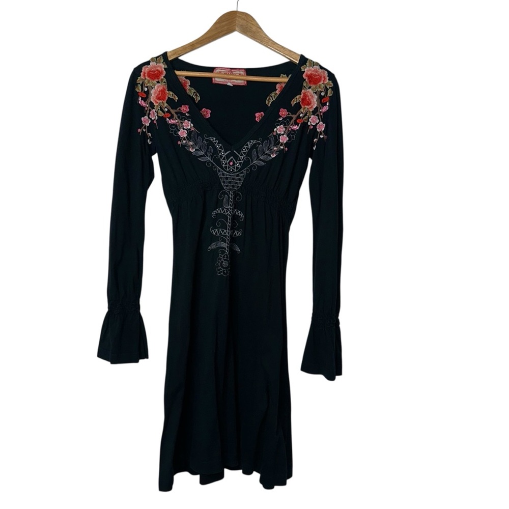 Johnny Was Black Dress with Red and Pink Embroidery V Neck Boho Small